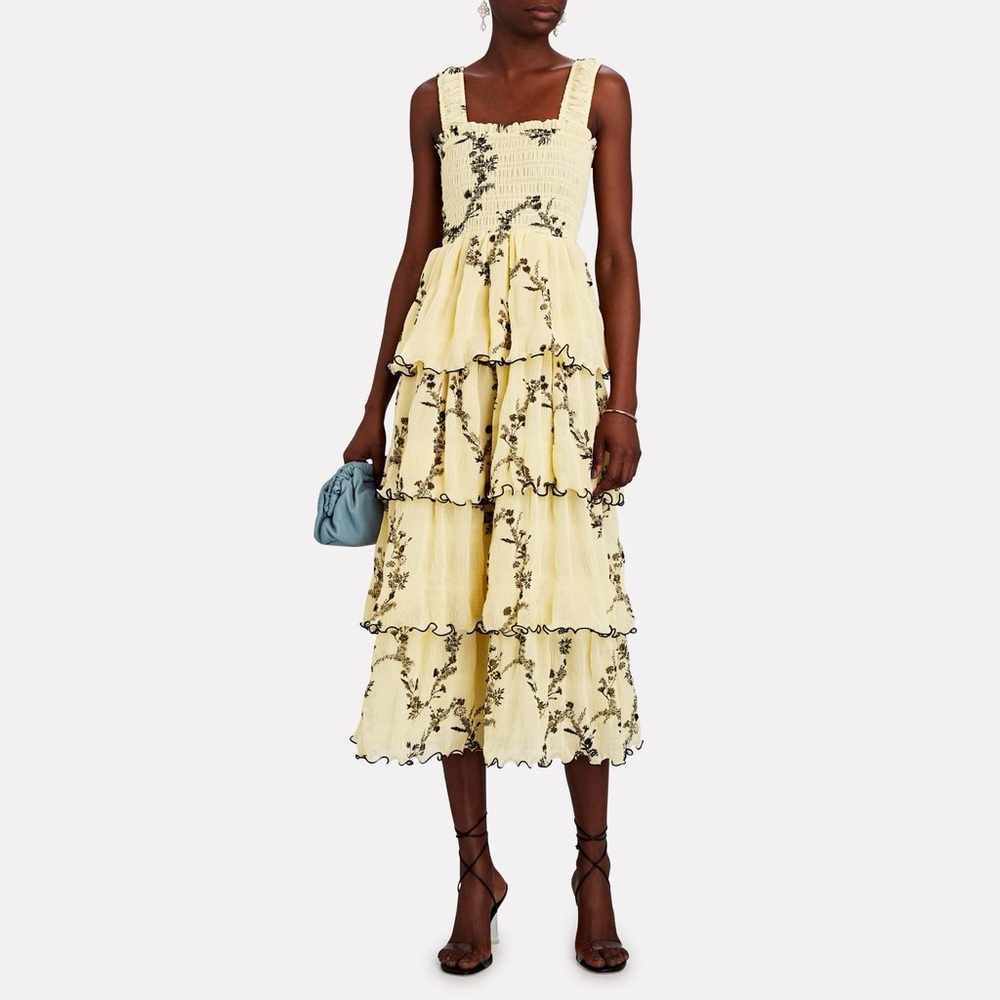 LIKE NEW! Ganni - Floral Print Smocked Plissé Georgette Midi Dress